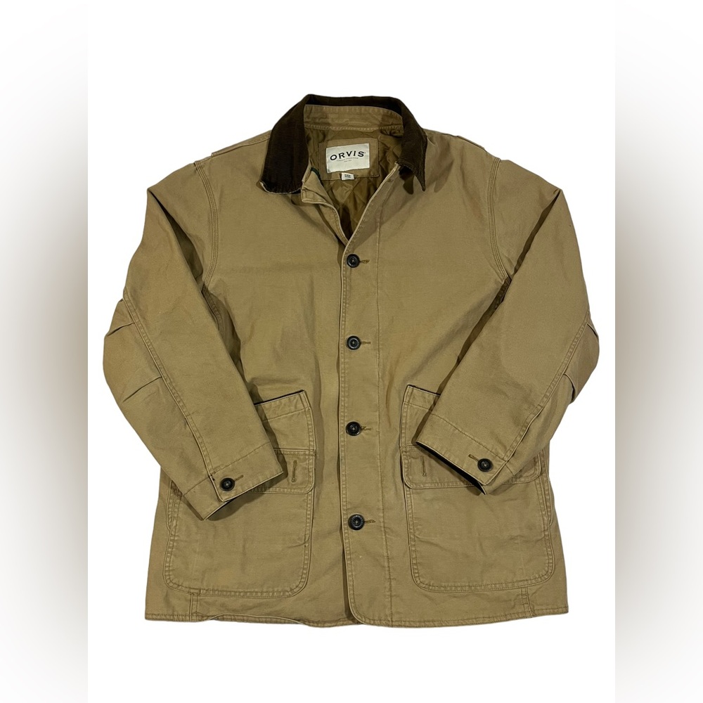 Orvis Jacket Mens sz L Brown Chore Barn Canvas Hunting Corduroy Collar Quilted